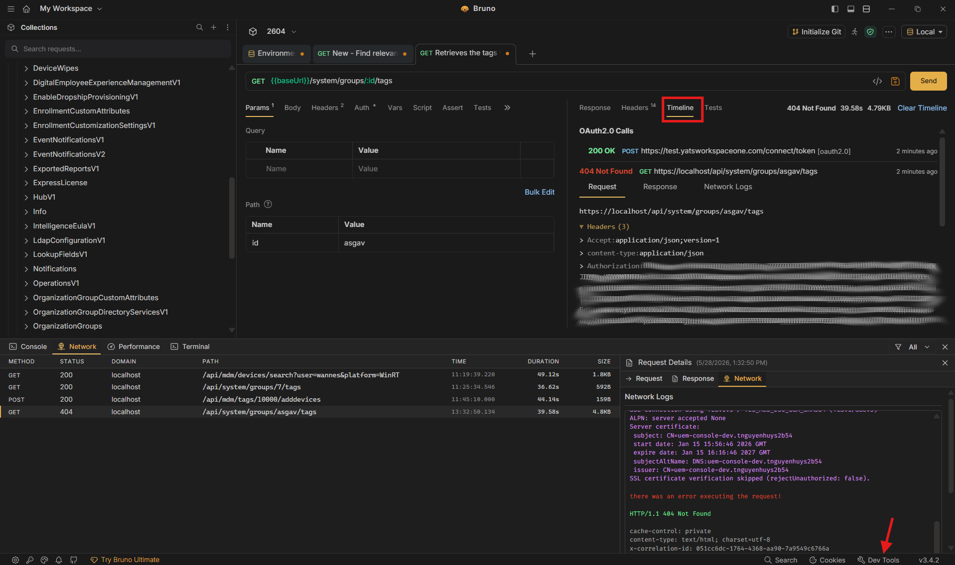 Errors and Dev tools view