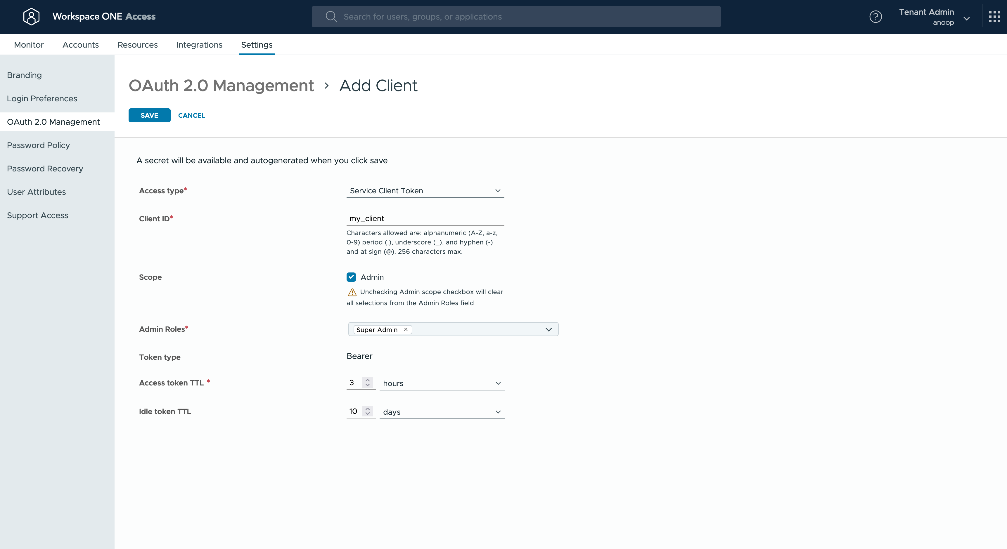 OAuth2.0 Management Interface