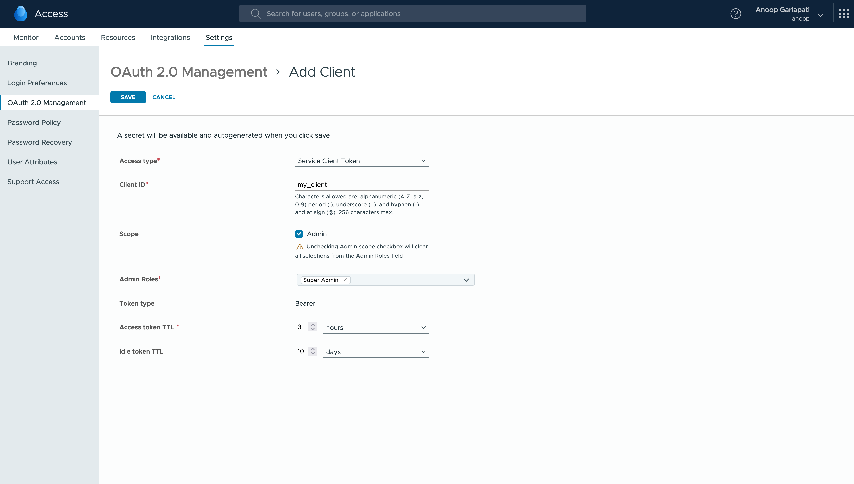 OAuth2.0 Management Interface