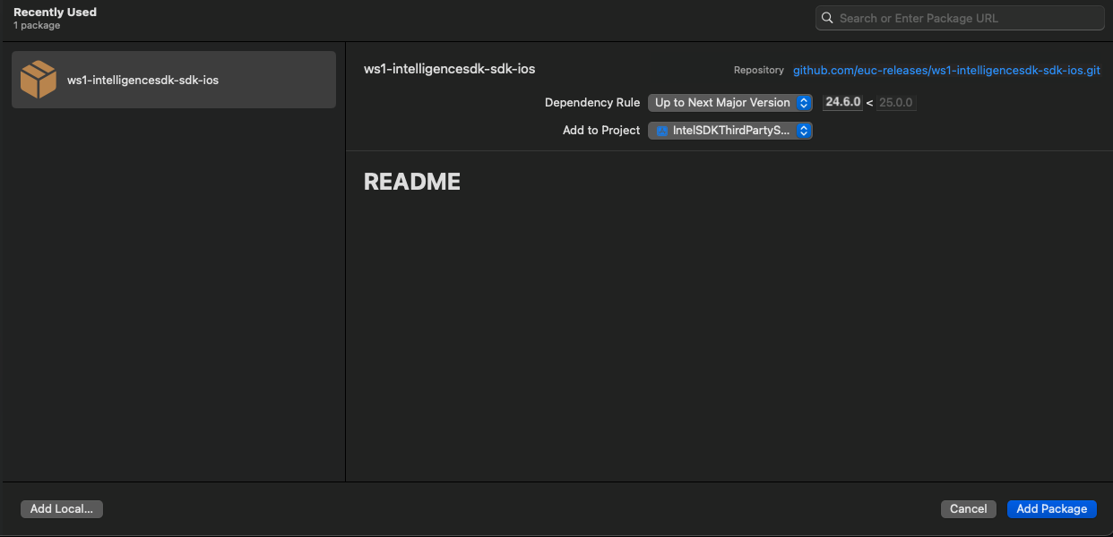 Image of Xcode's Swift Package Manager screen while adding 'Workspace ONE Intelligence SDK for iOS'