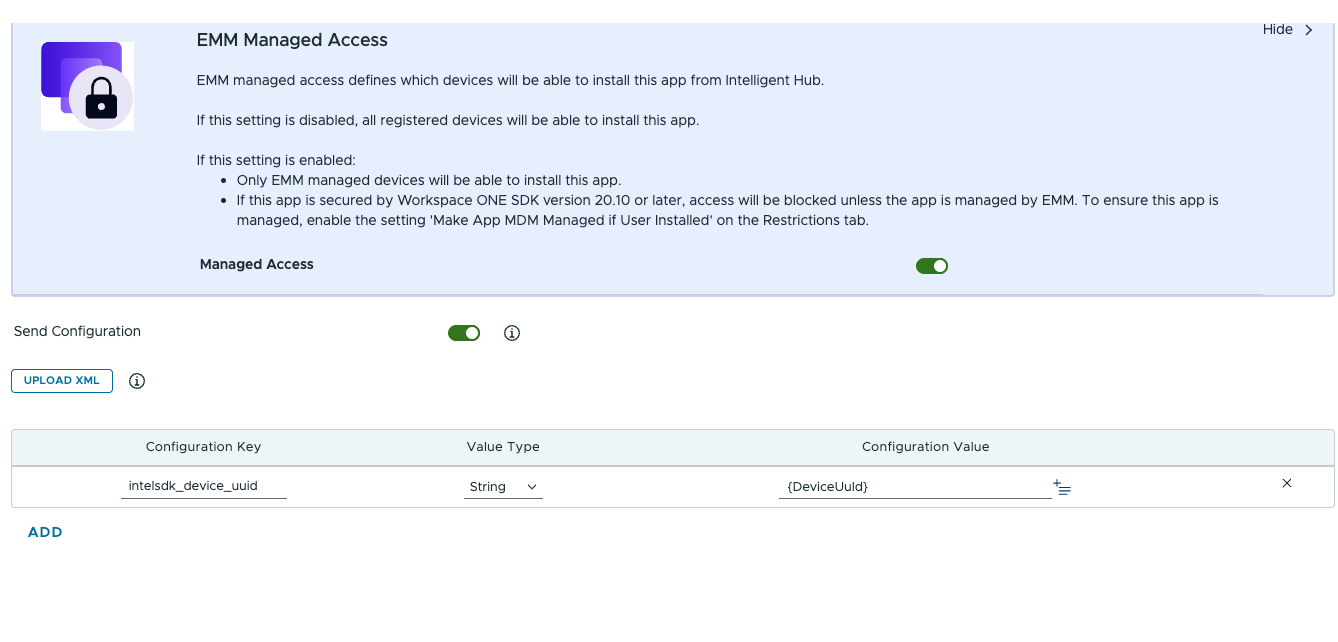 Image of Omnissa UEM adding key-value pairs for key intelsdk_device_uuid. The value is a variable that UEM fills.'
