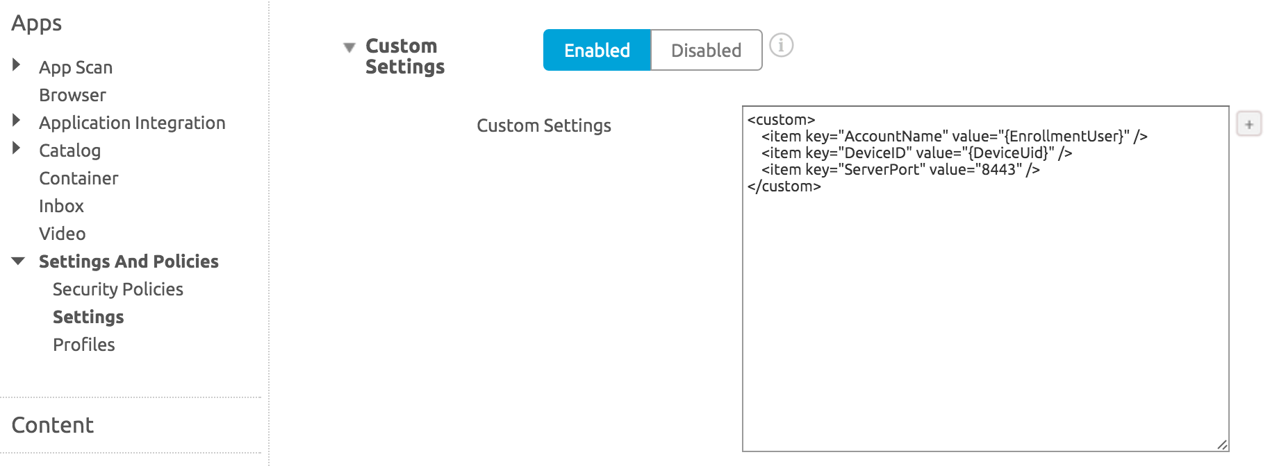 SDK Profile Custom Settings